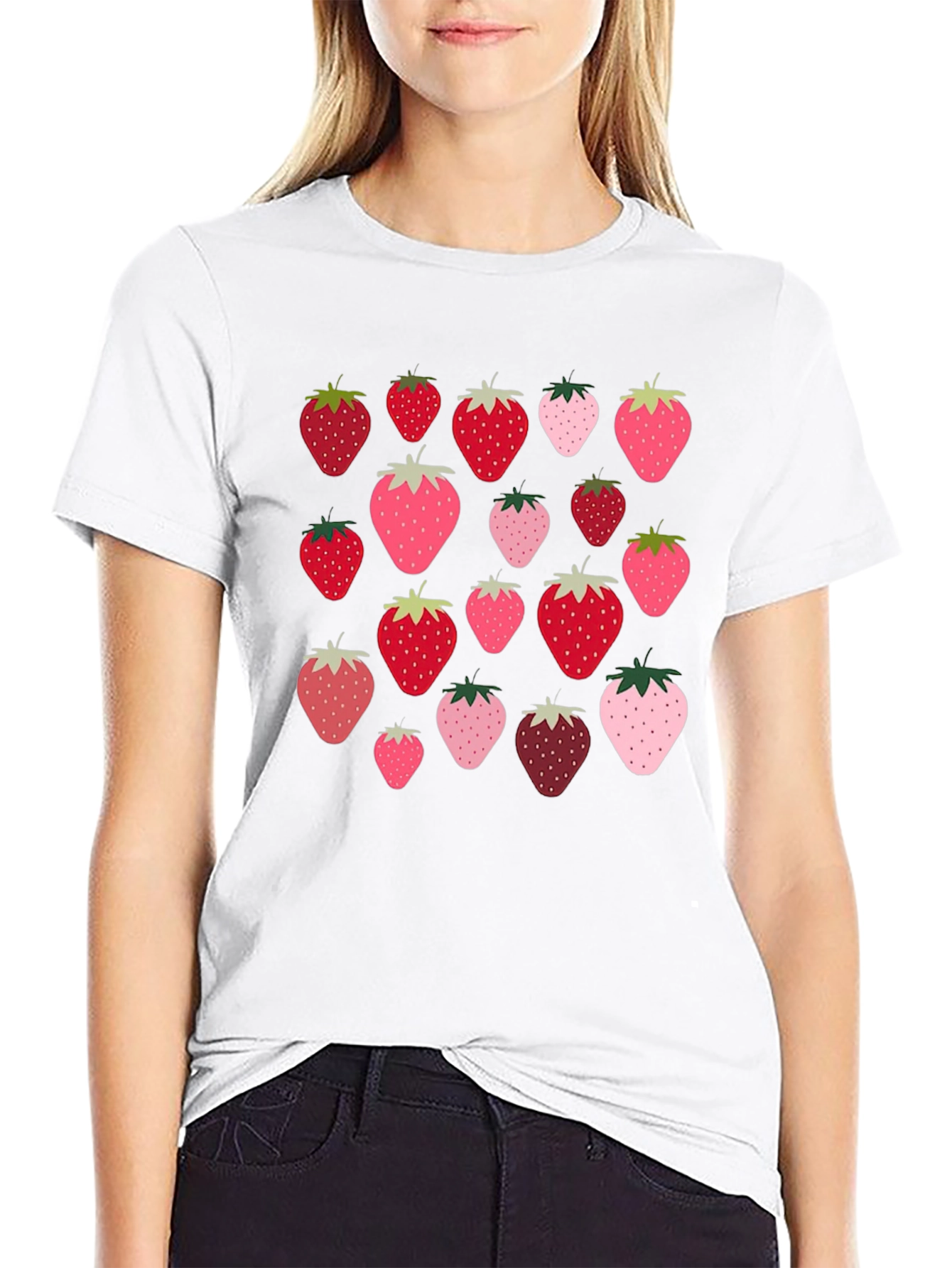 Strawberry Pattern Black T-Shirt