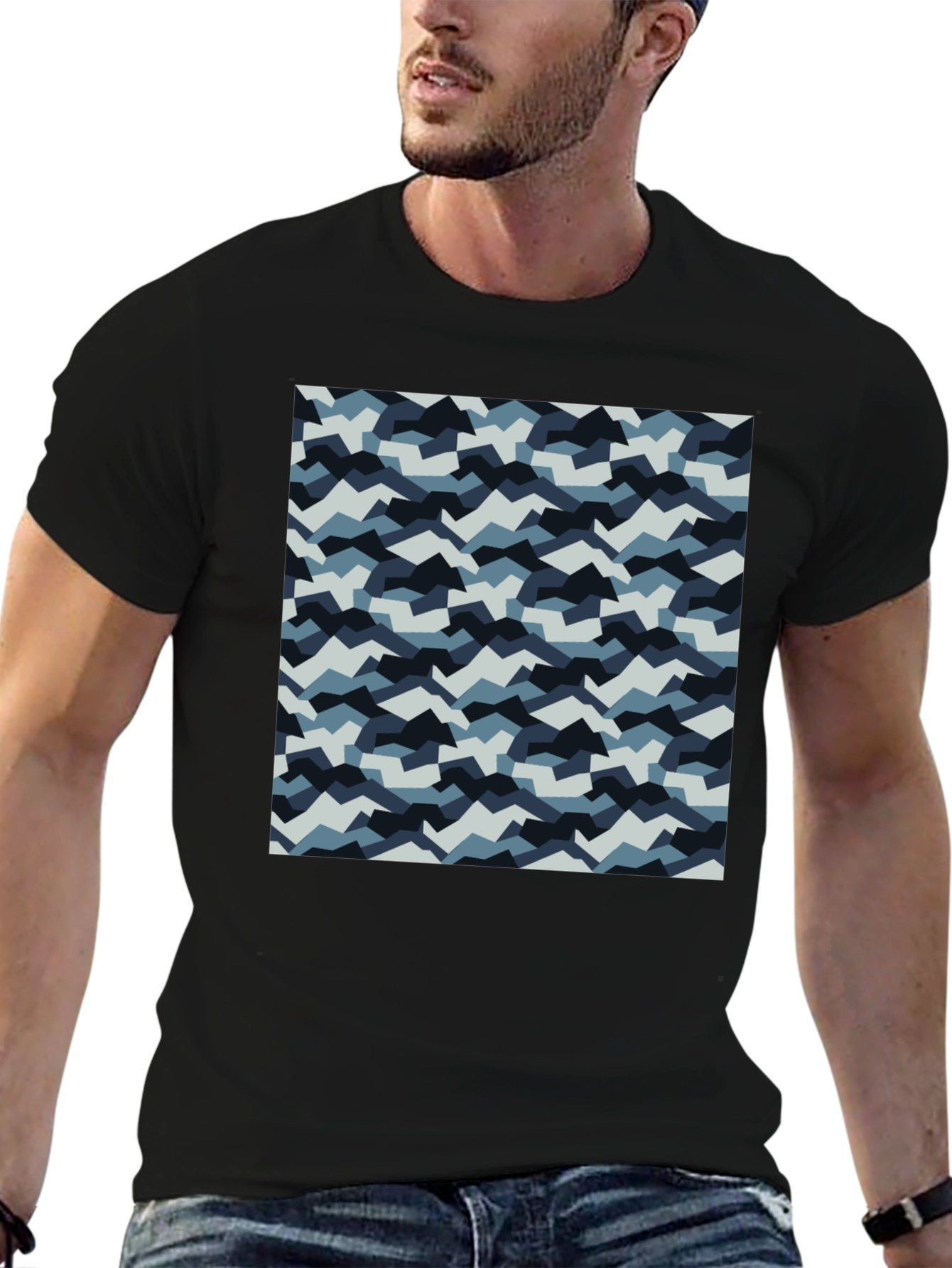 Mens Black T-Shirt with Blue Camo Pattern