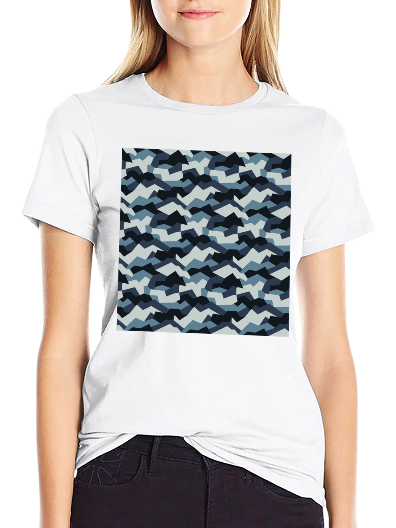 Mens Black T-Shirt with Blue Camo Pattern