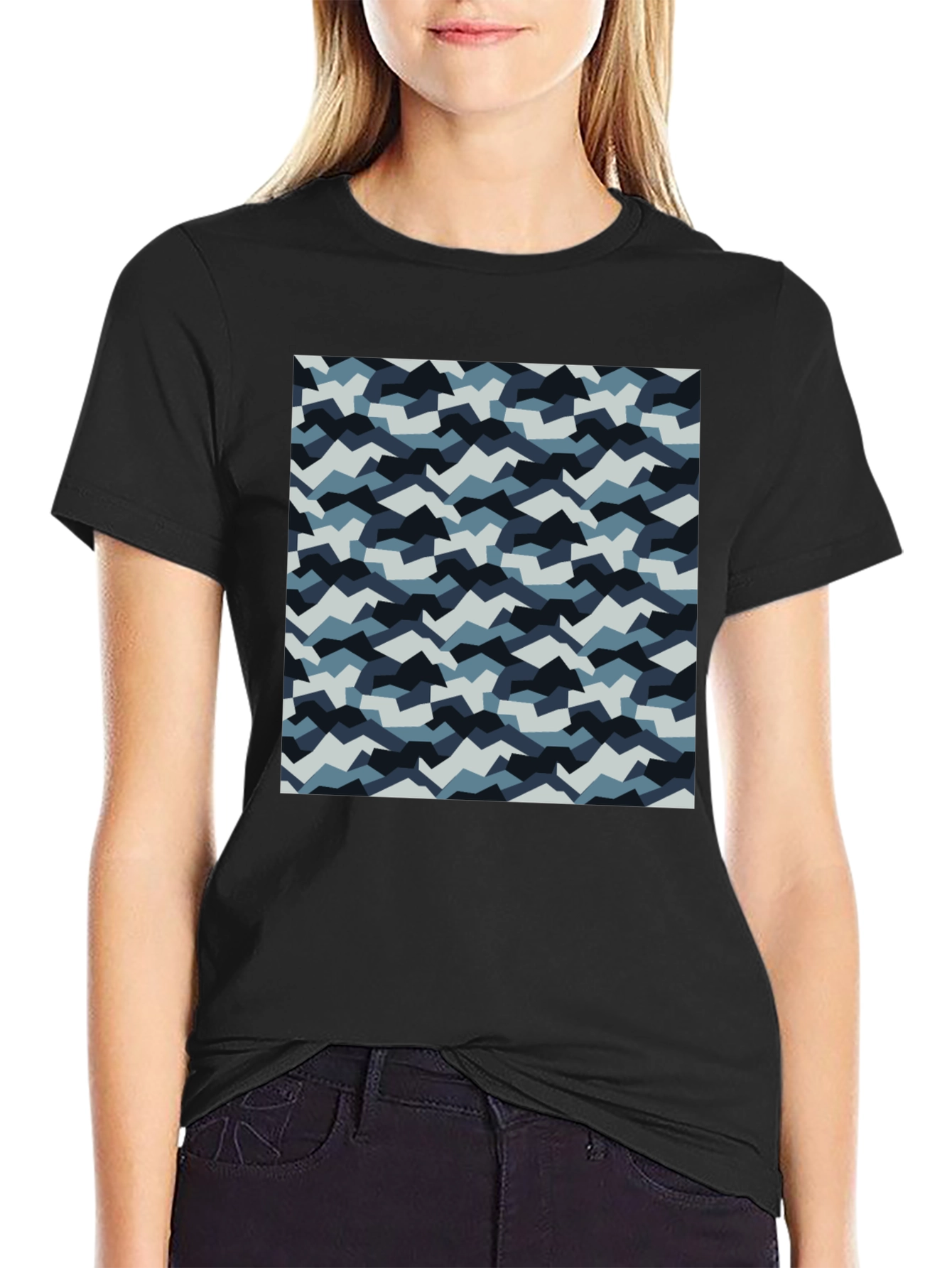 Mens Black T-Shirt with Blue Camo Pattern