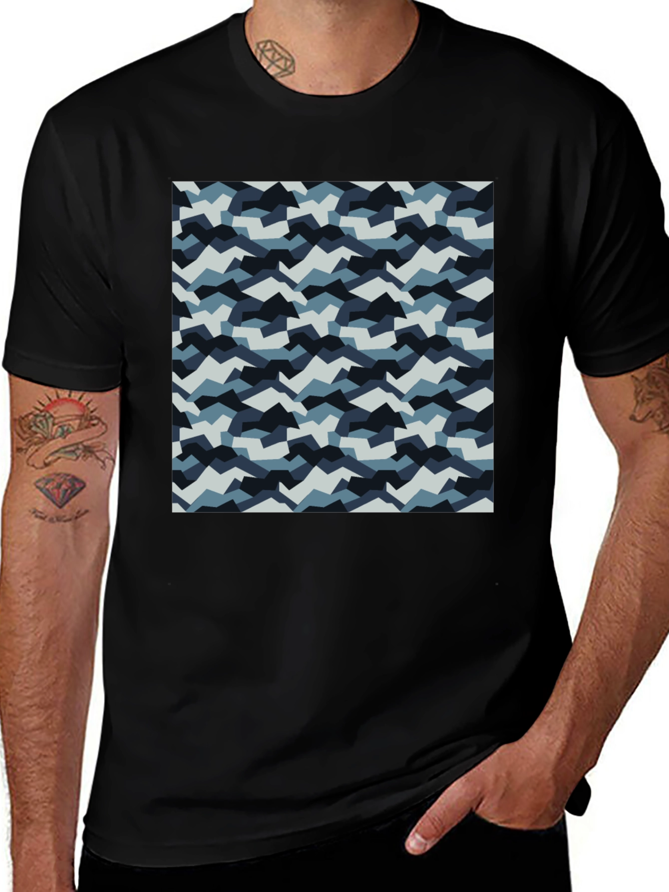 Mens Black T-Shirt with Blue Camo Pattern
