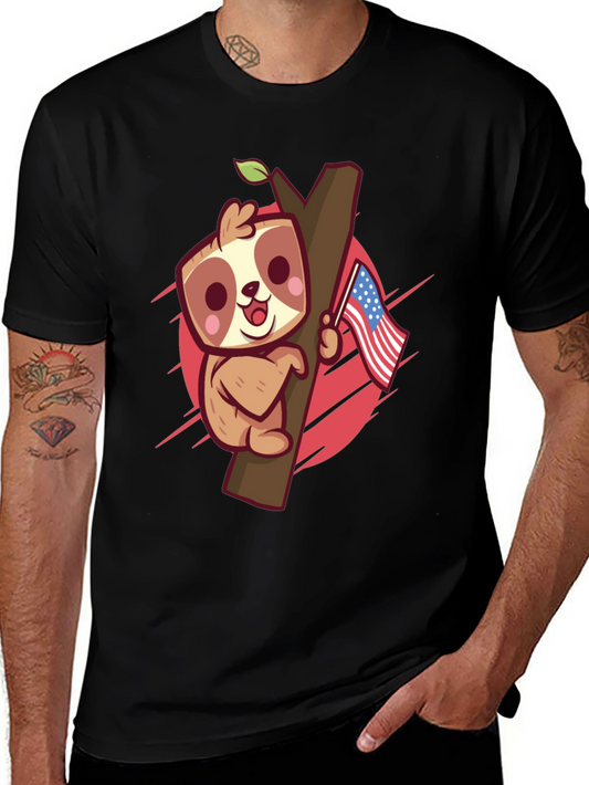 Cute Sloth Holding US Flag Graphic Tee