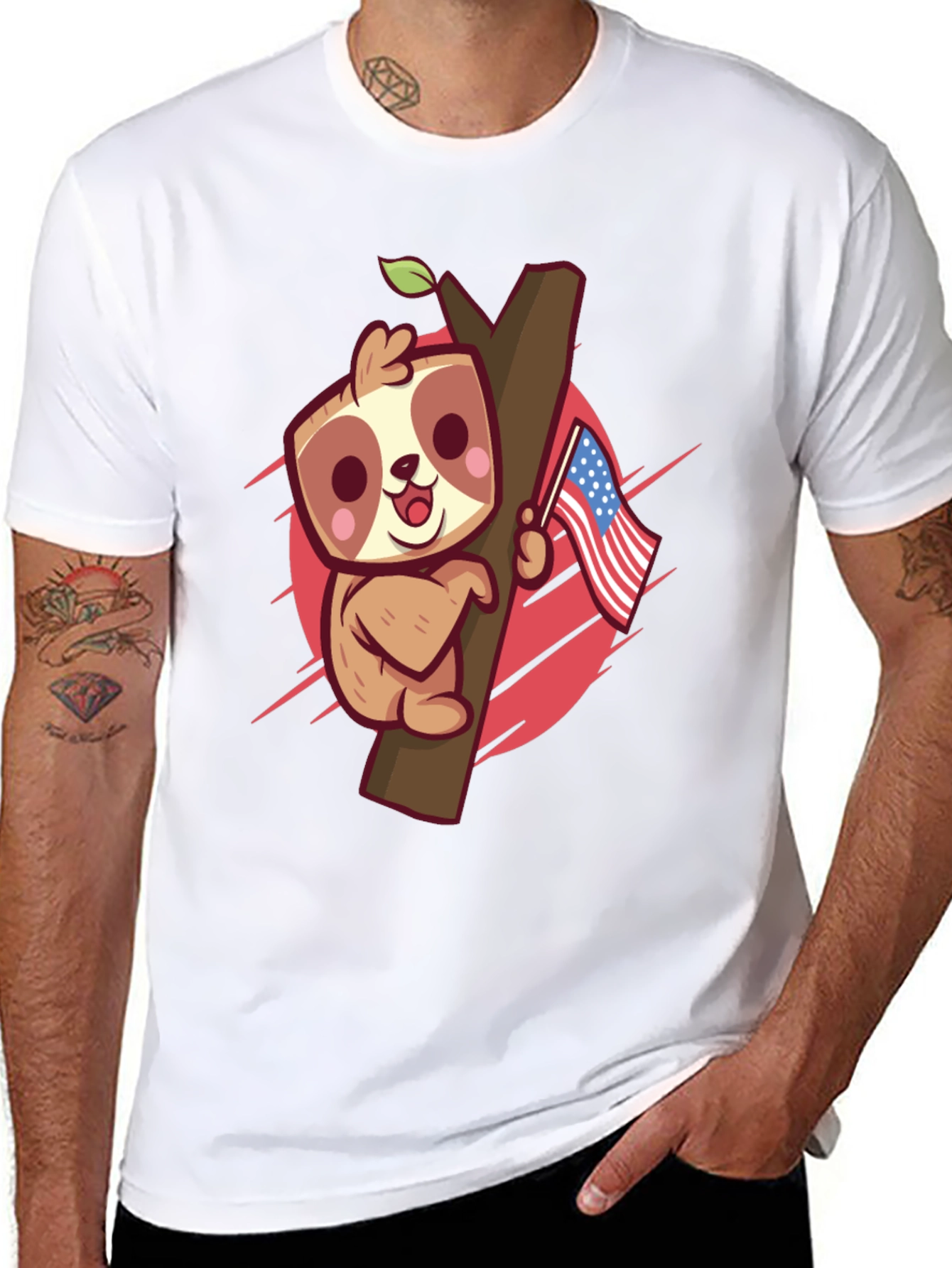 Cute Sloth Holding US Flag Graphic Tee