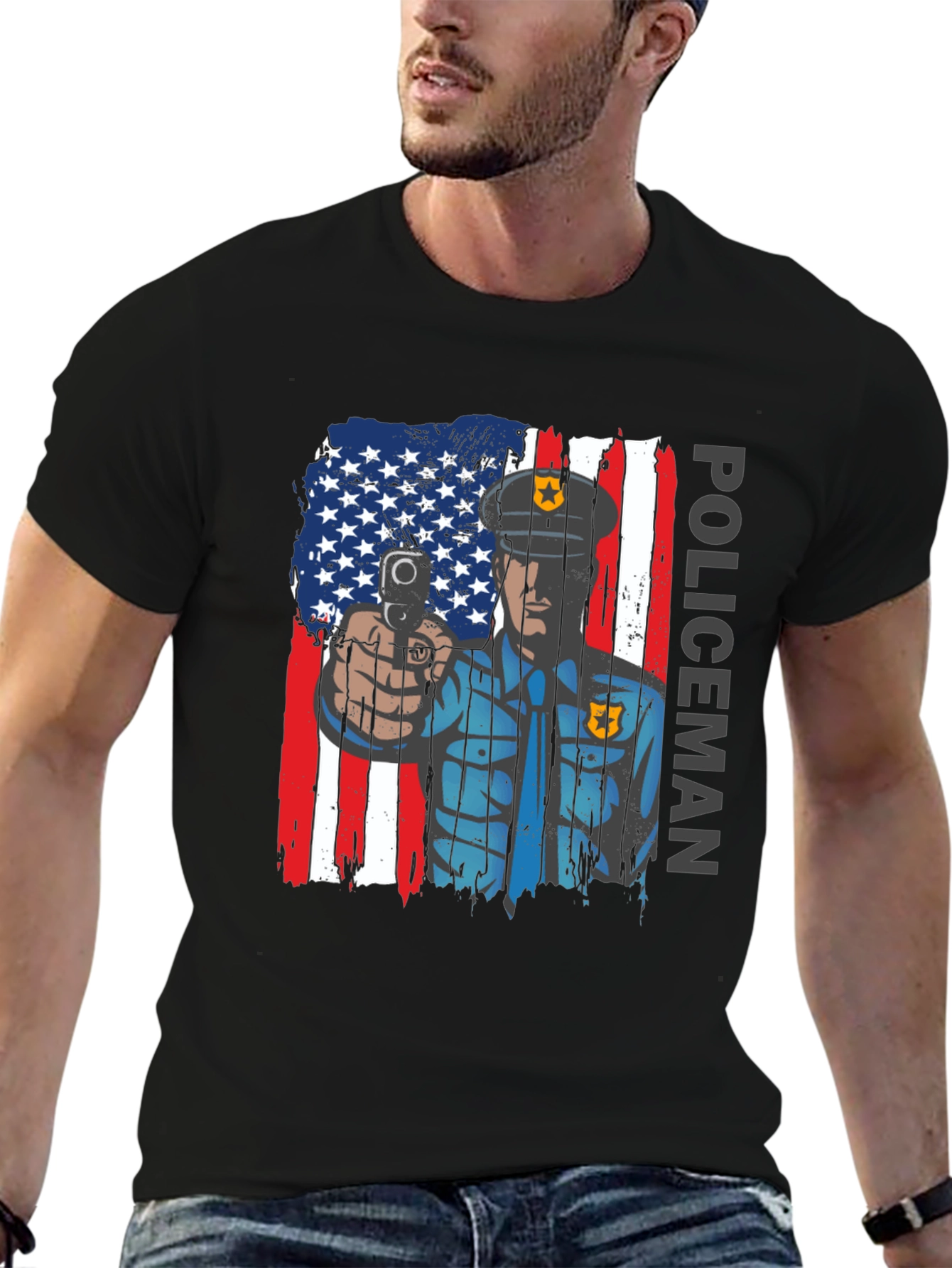 Patriotic Policeman T-Shirt - American Flag Design