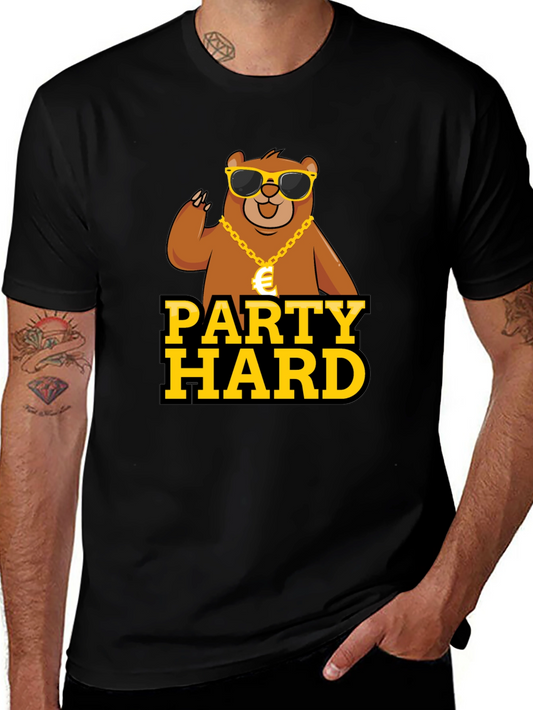 Party Hard Bear Graphic Tee - Black Cotton T-Shirt