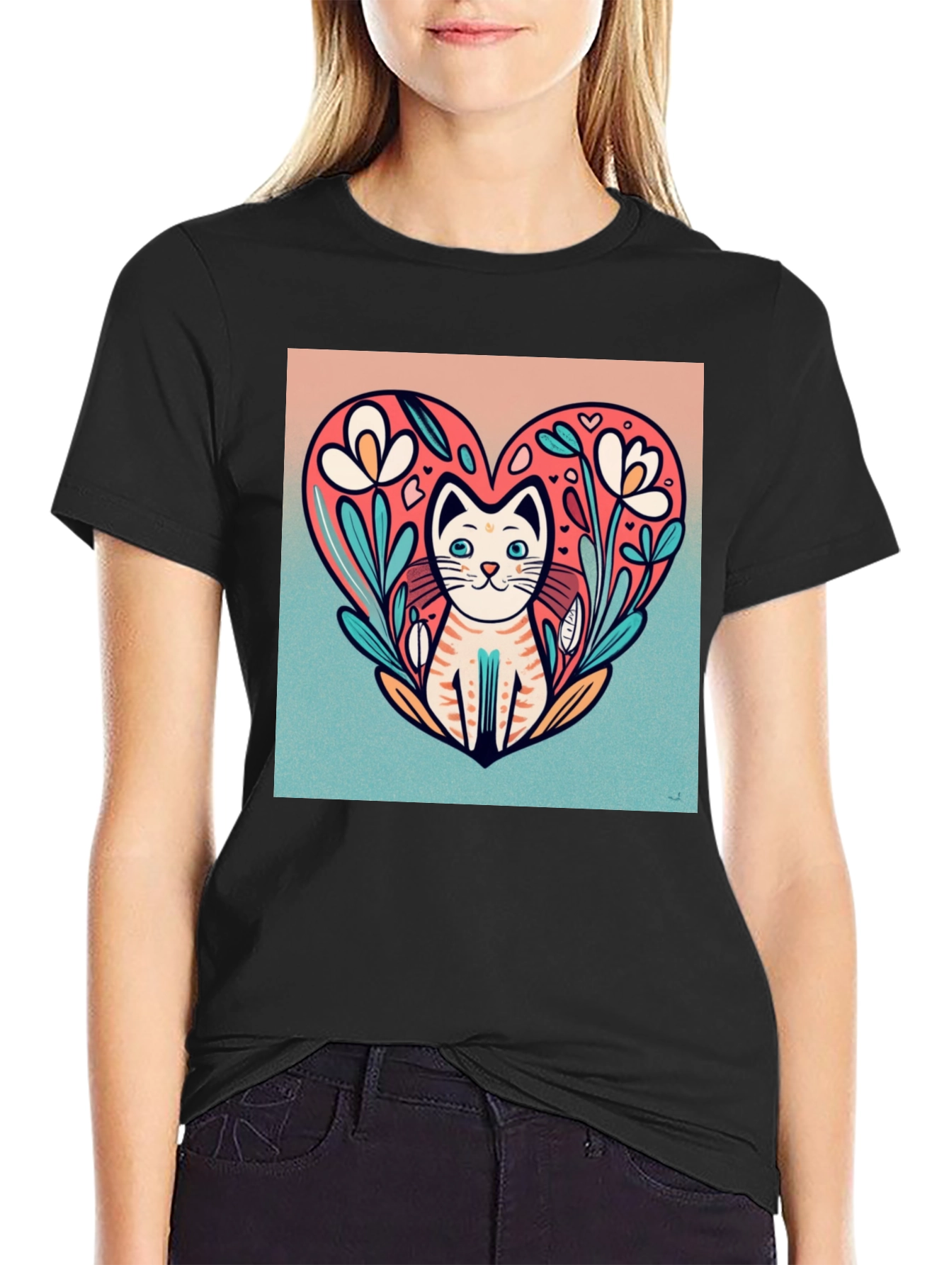 Cat Heart Floral Graphic Tee