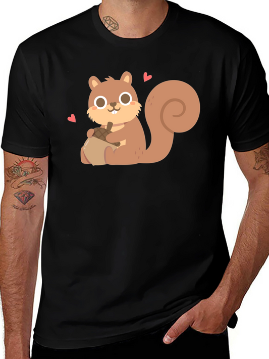 Cute Squirrel Holding Acorn Graphic Tee - Black