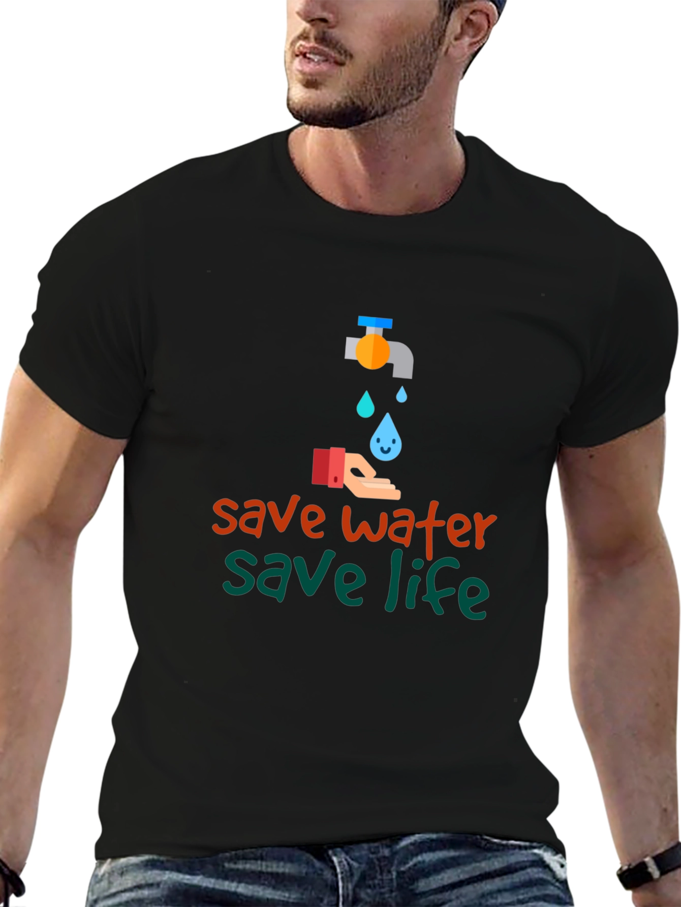 Save Water Save Life Black Graphic T-Shirt