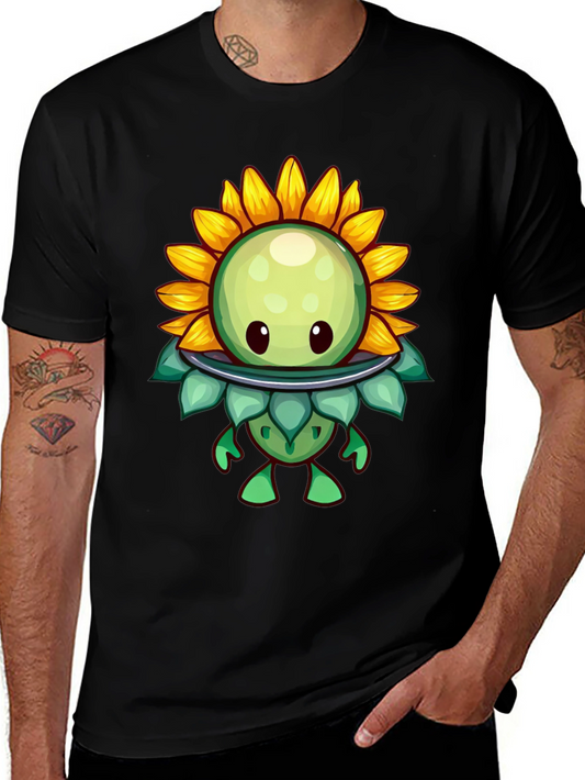 Sunflower Cartoon Graphic Tee - Black