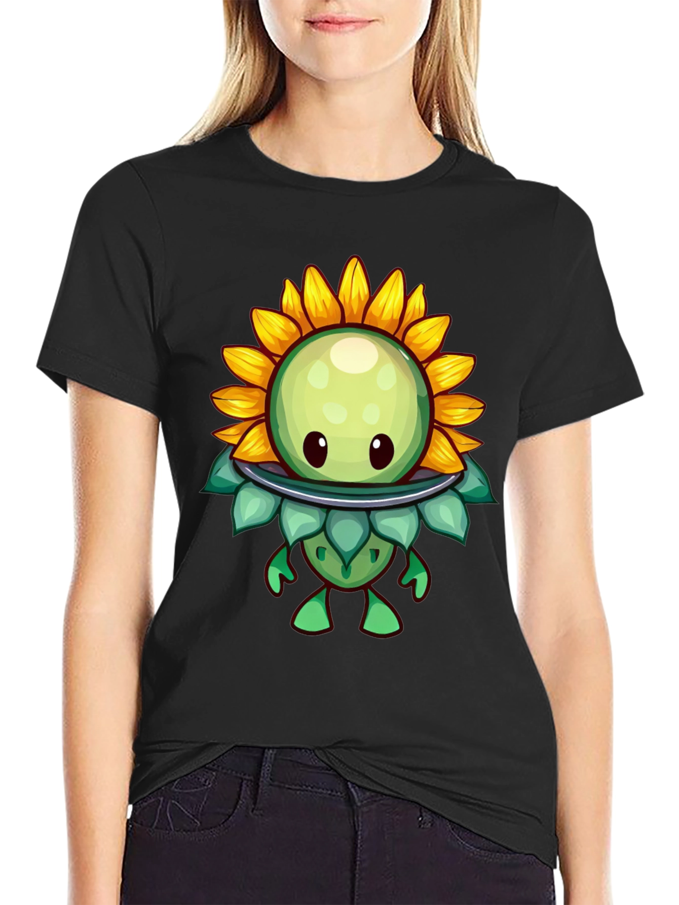 Sunflower Cartoon Graphic Tee - Black