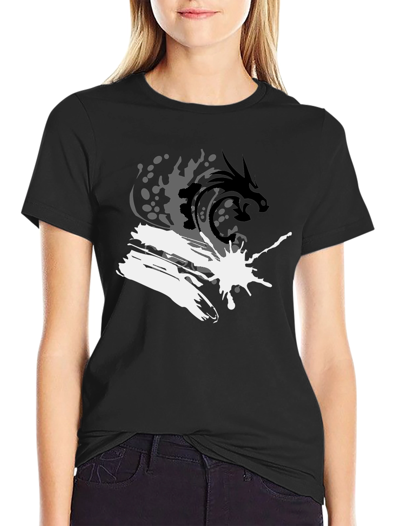Dragon Wave Graphic Tee - Stylish Black T-Shirt