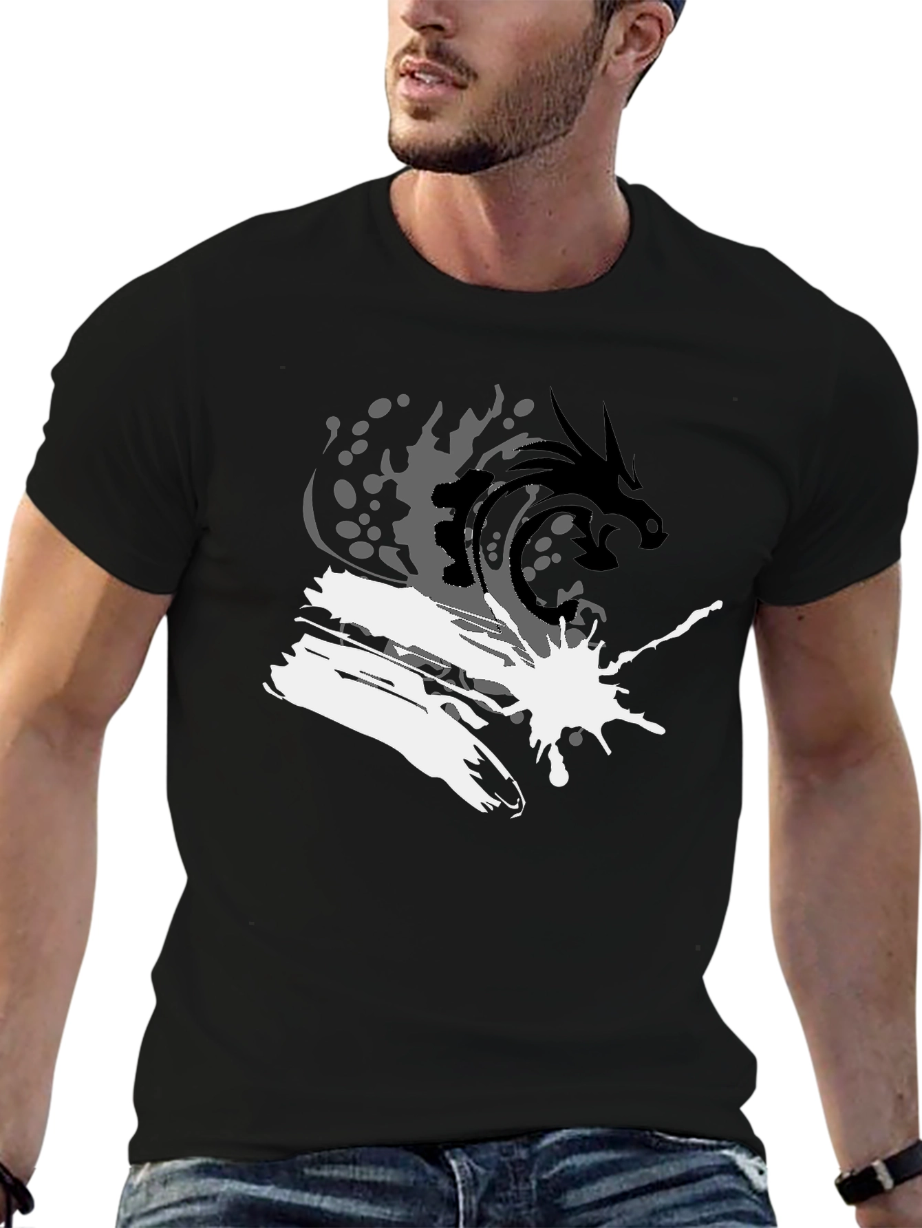 Dragon Wave Graphic Tee - Stylish Black T-Shirt