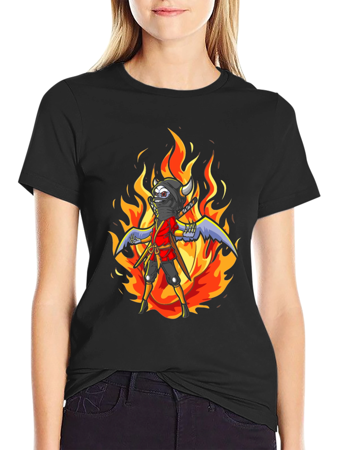 Fiery Ninja Graphic Tee - Black Cotton T-Shirt