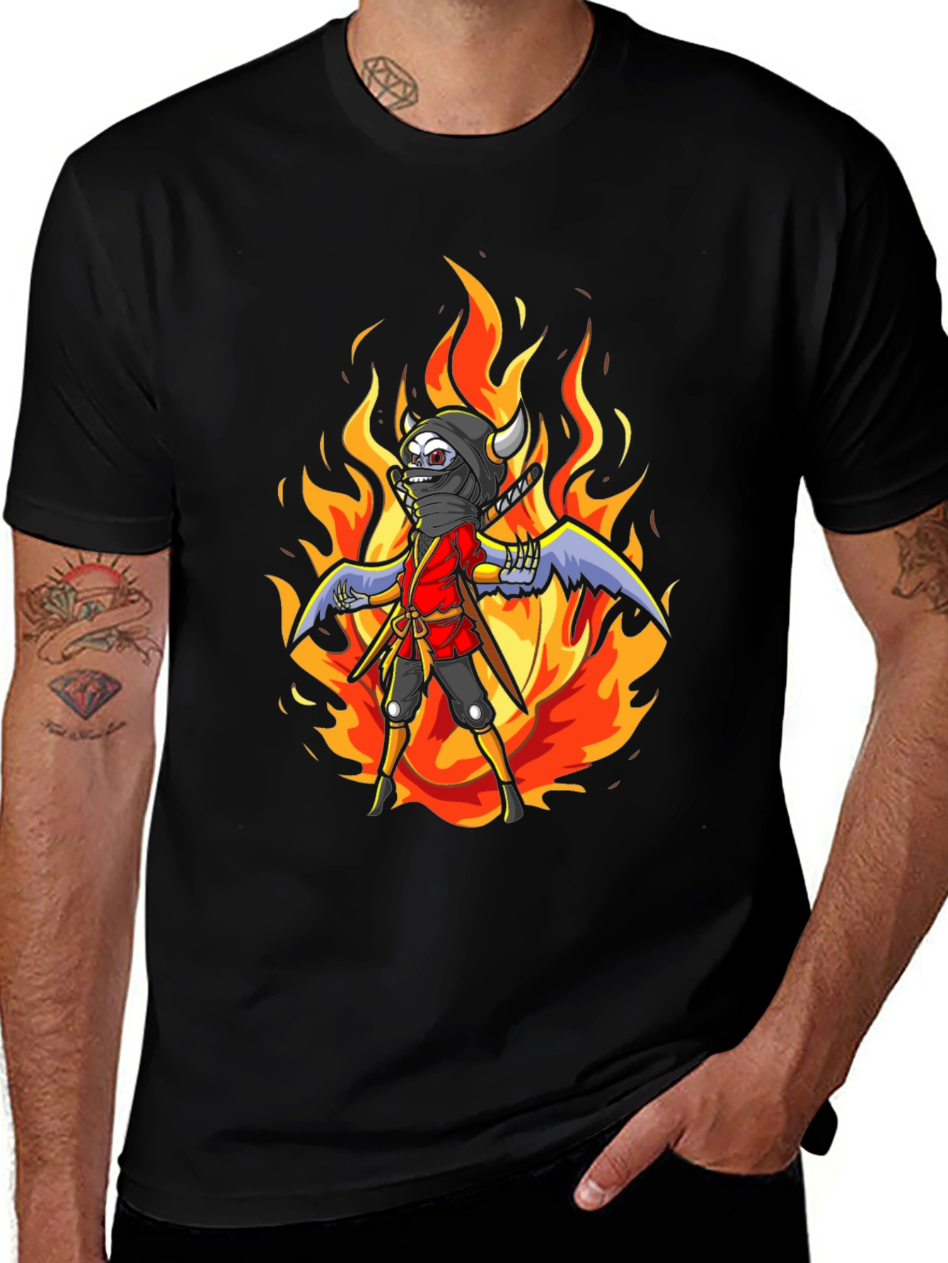 Fiery Ninja Graphic Tee - Black Cotton T-Shirt