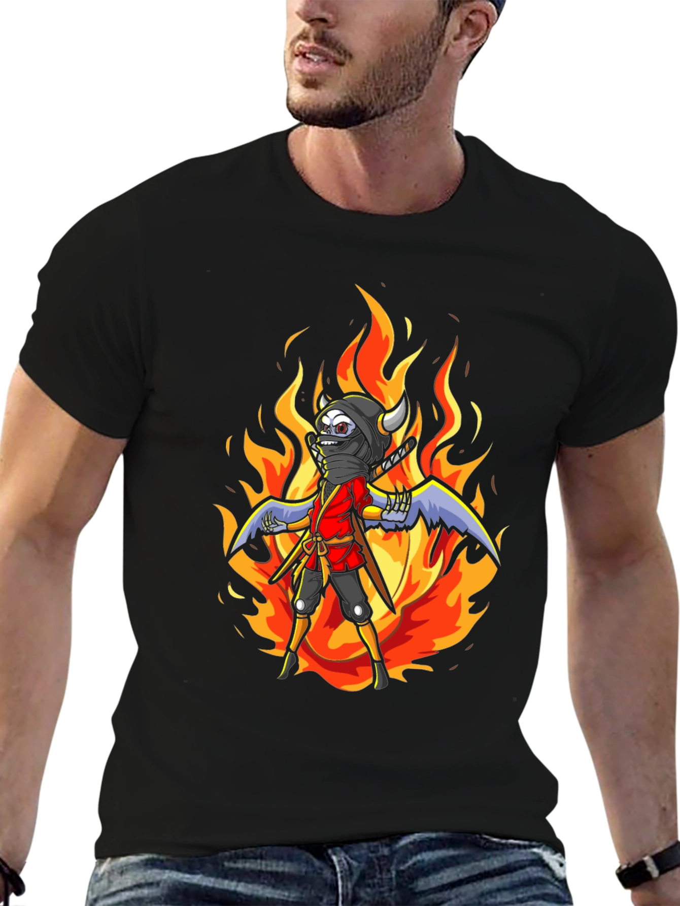 Fiery Ninja Graphic Tee - Black Cotton T-Shirt