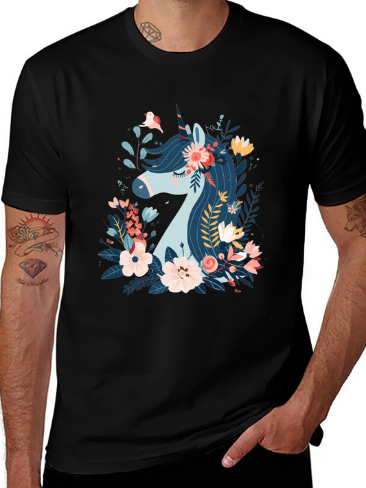 Floral Unicorn Graphic Print Black T-Shirt