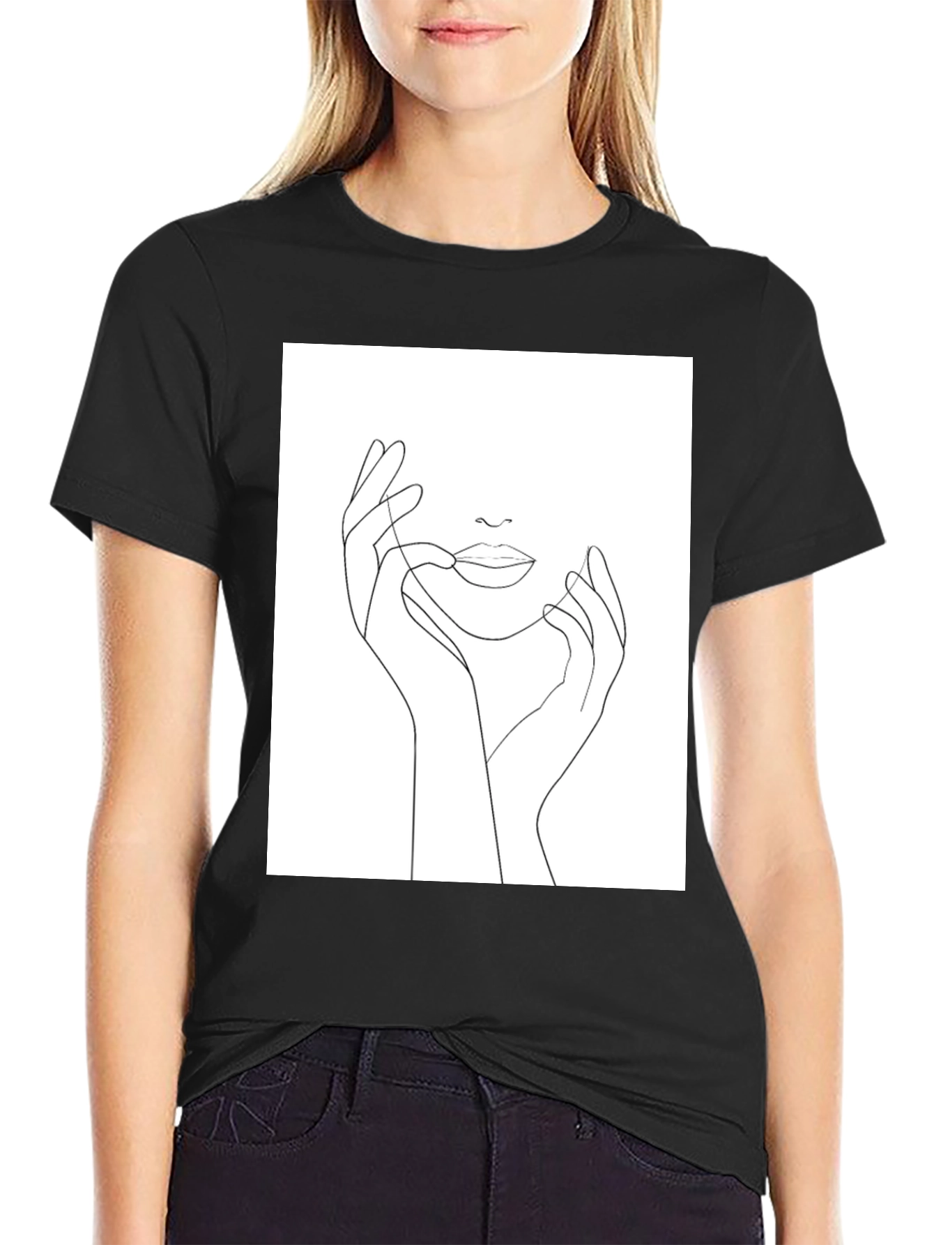 Minimalist Face Line Art Black T-Shirt