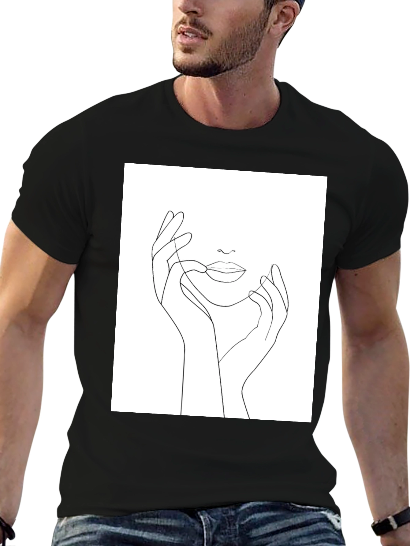 Minimalist Face Line Art Black T-Shirt