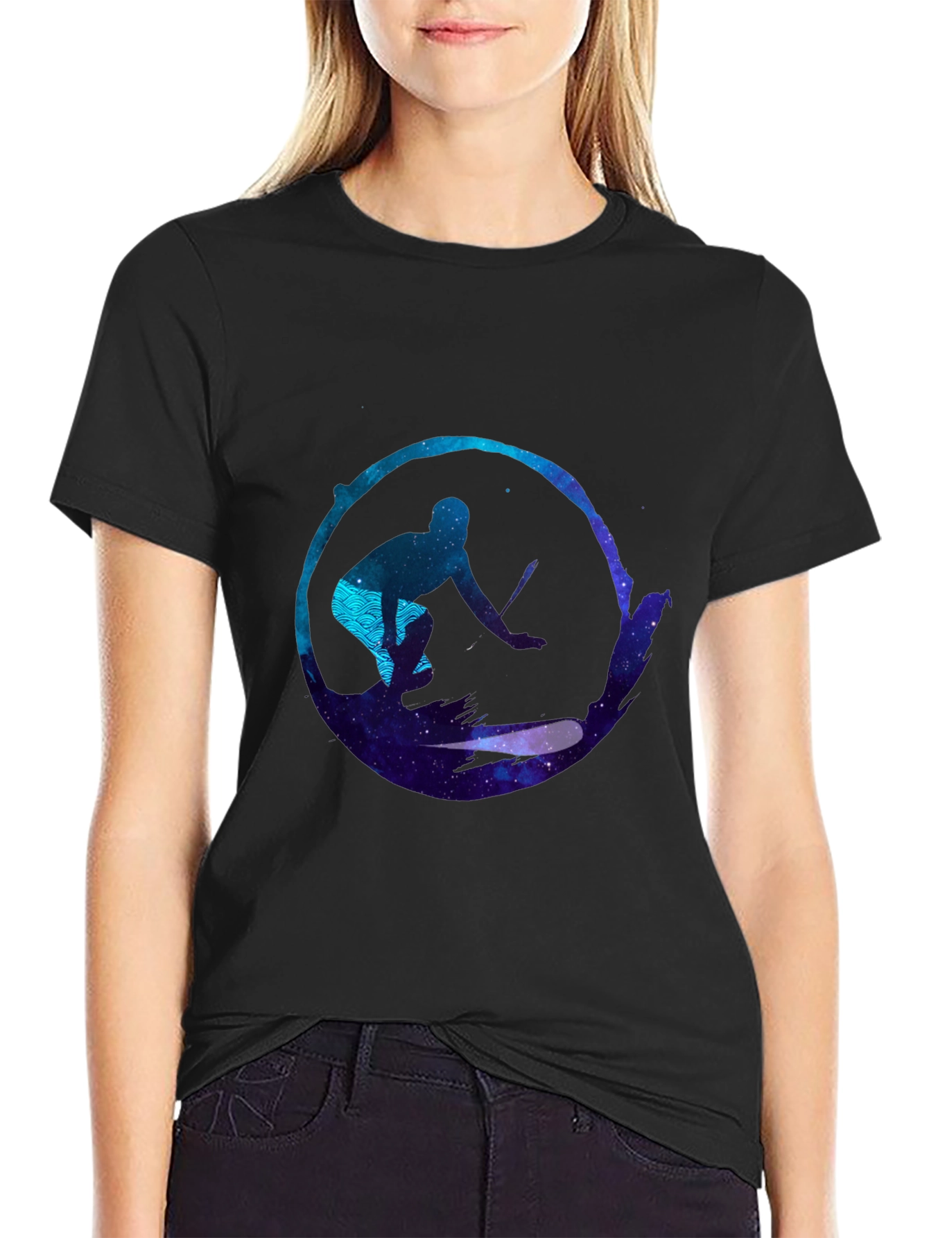 Surfer Galaxy Graphic Black T-Shirt