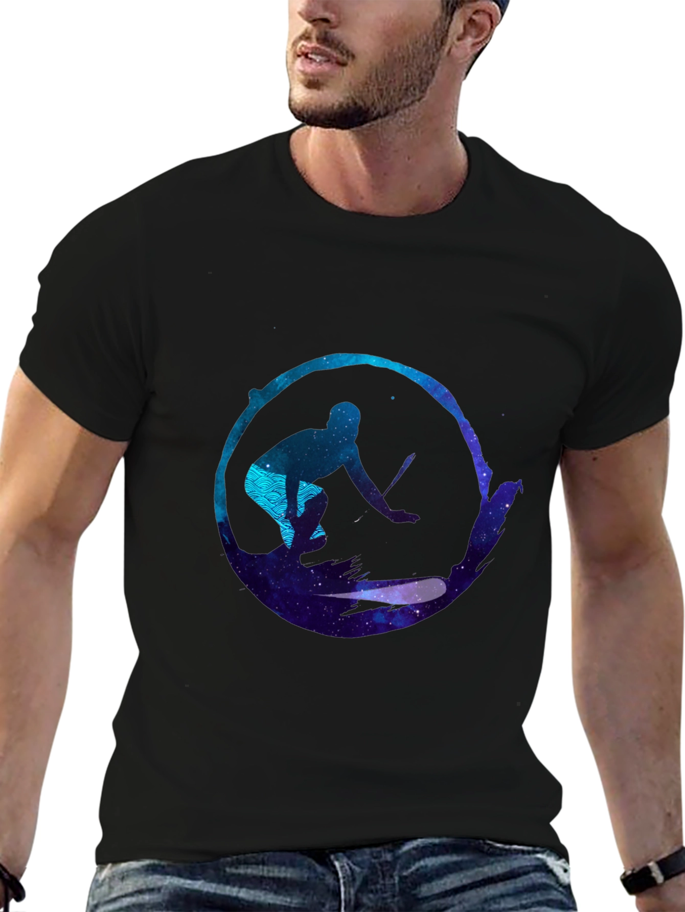 Surfer Galaxy Graphic Black T-Shirt