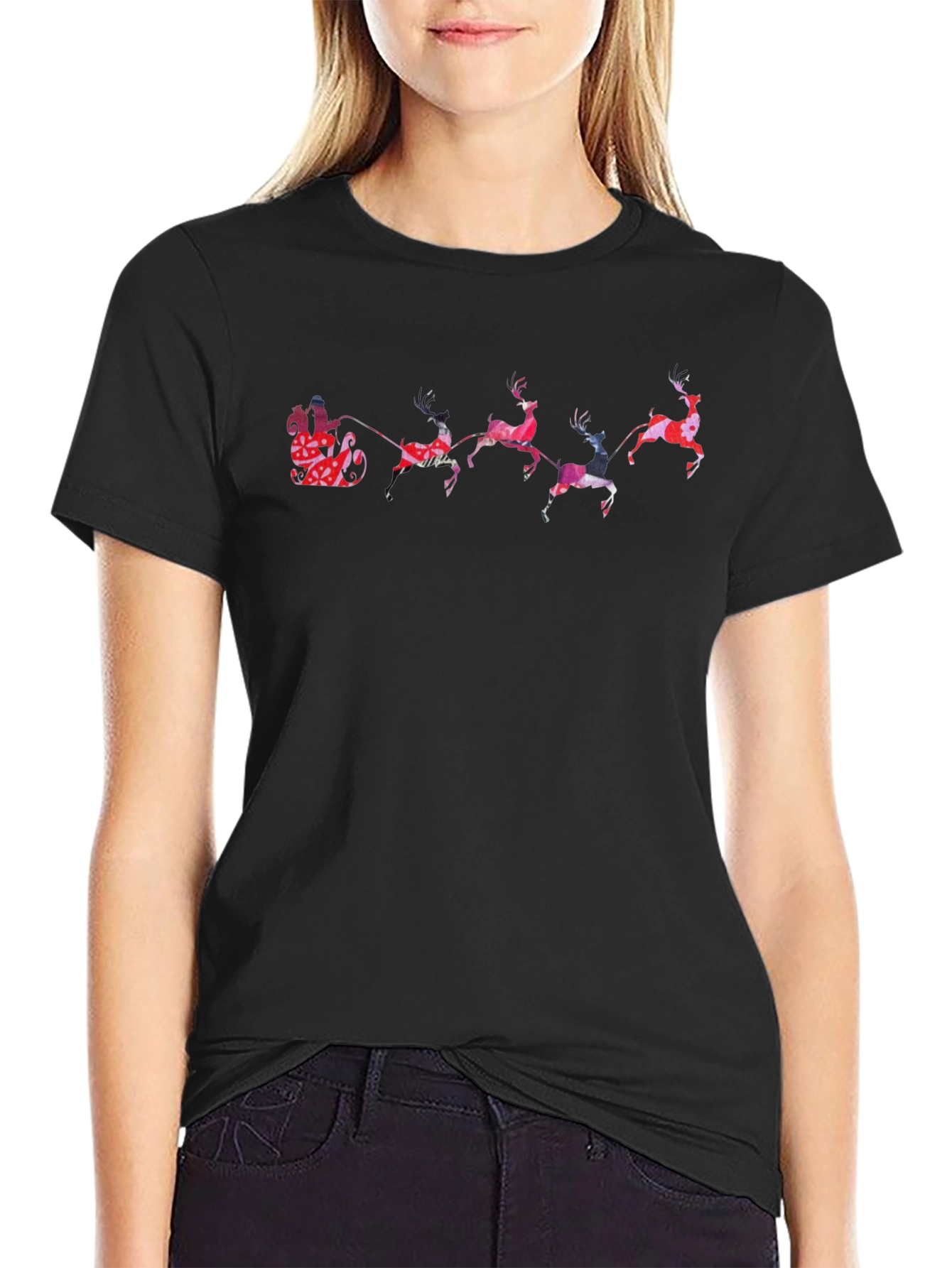 Festive Reindeer Santa Sleigh Graphic Tee