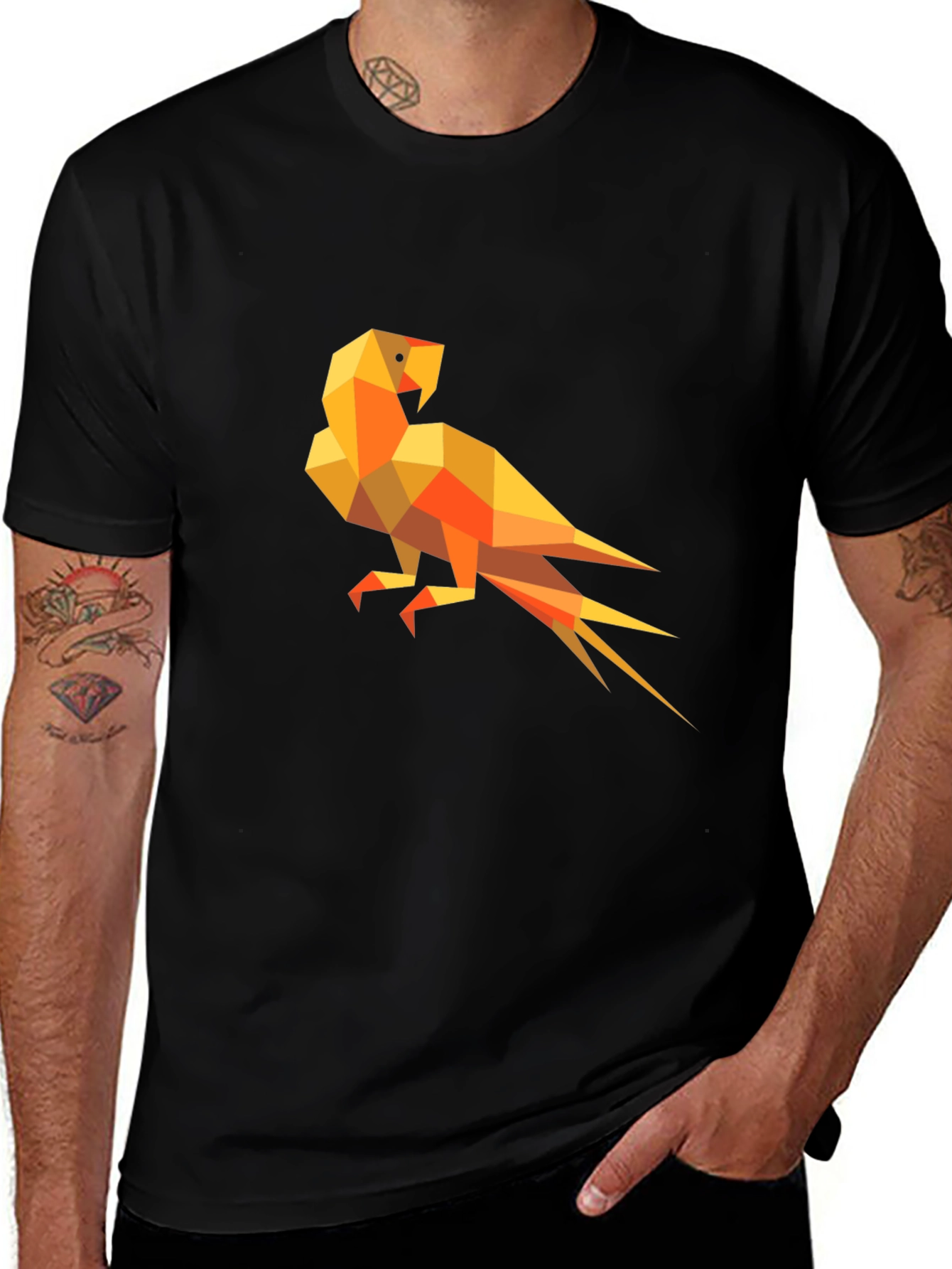 Geometric Parrot Graphic Tee - Modern Mens Black T-Shirt