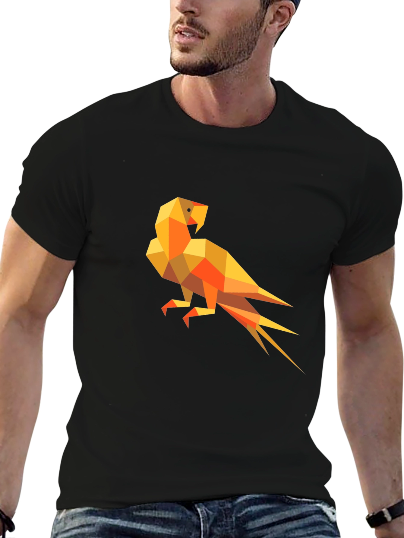 Geometric Parrot Graphic Tee - Modern Mens Black T-Shirt