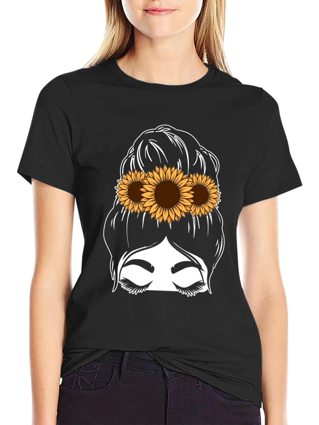 Sunflower Messy Bun T-Shirt - Casual Chic