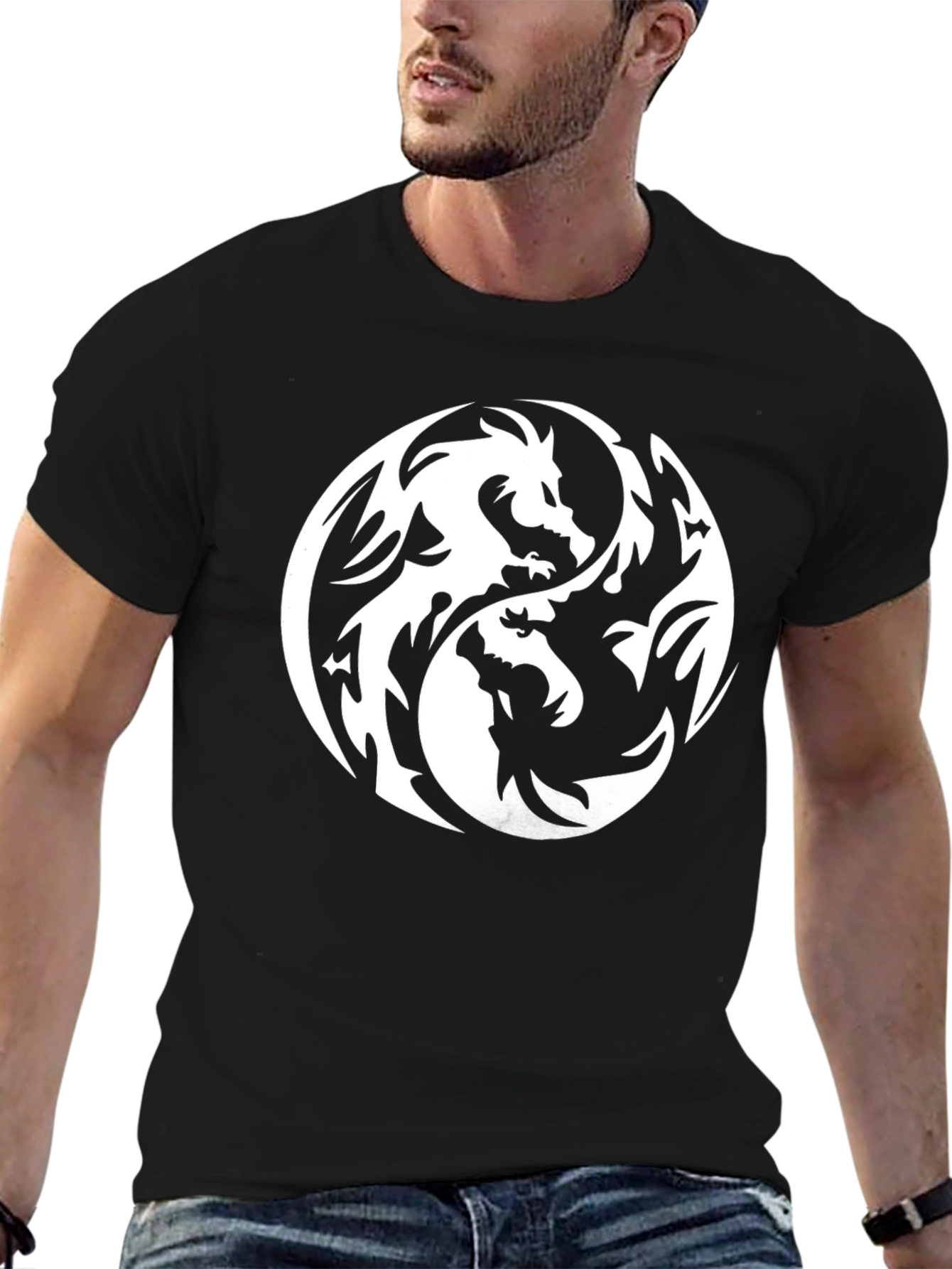 Yin Yang Dragon Graphic Tee - Black Cotton T-Shirt