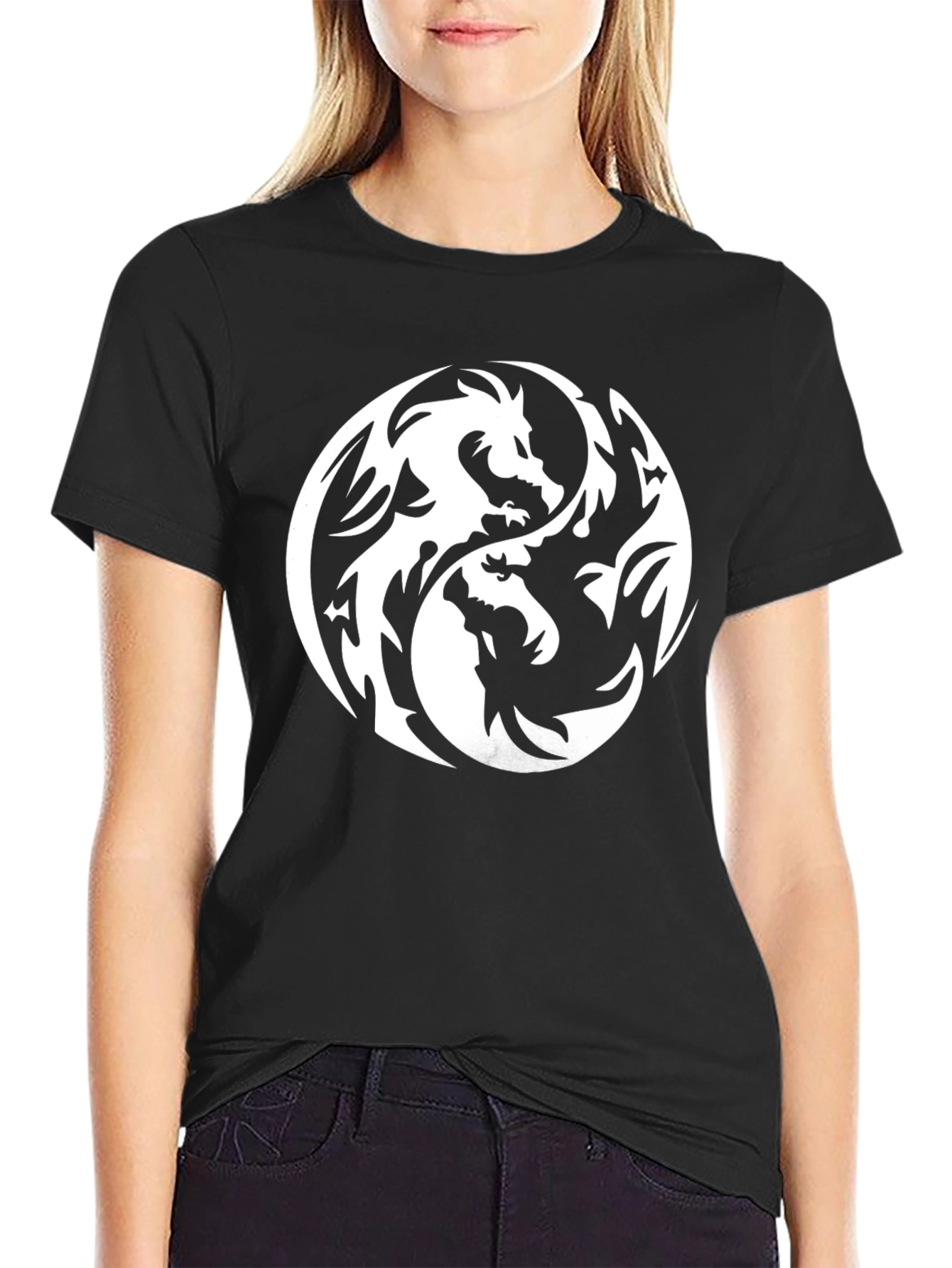 Yin Yang Dragon Graphic Tee - Black Cotton T-Shirt