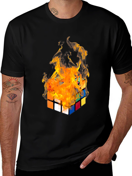 Flaming Rubiks Cube Graphic Tee - Cool Design
