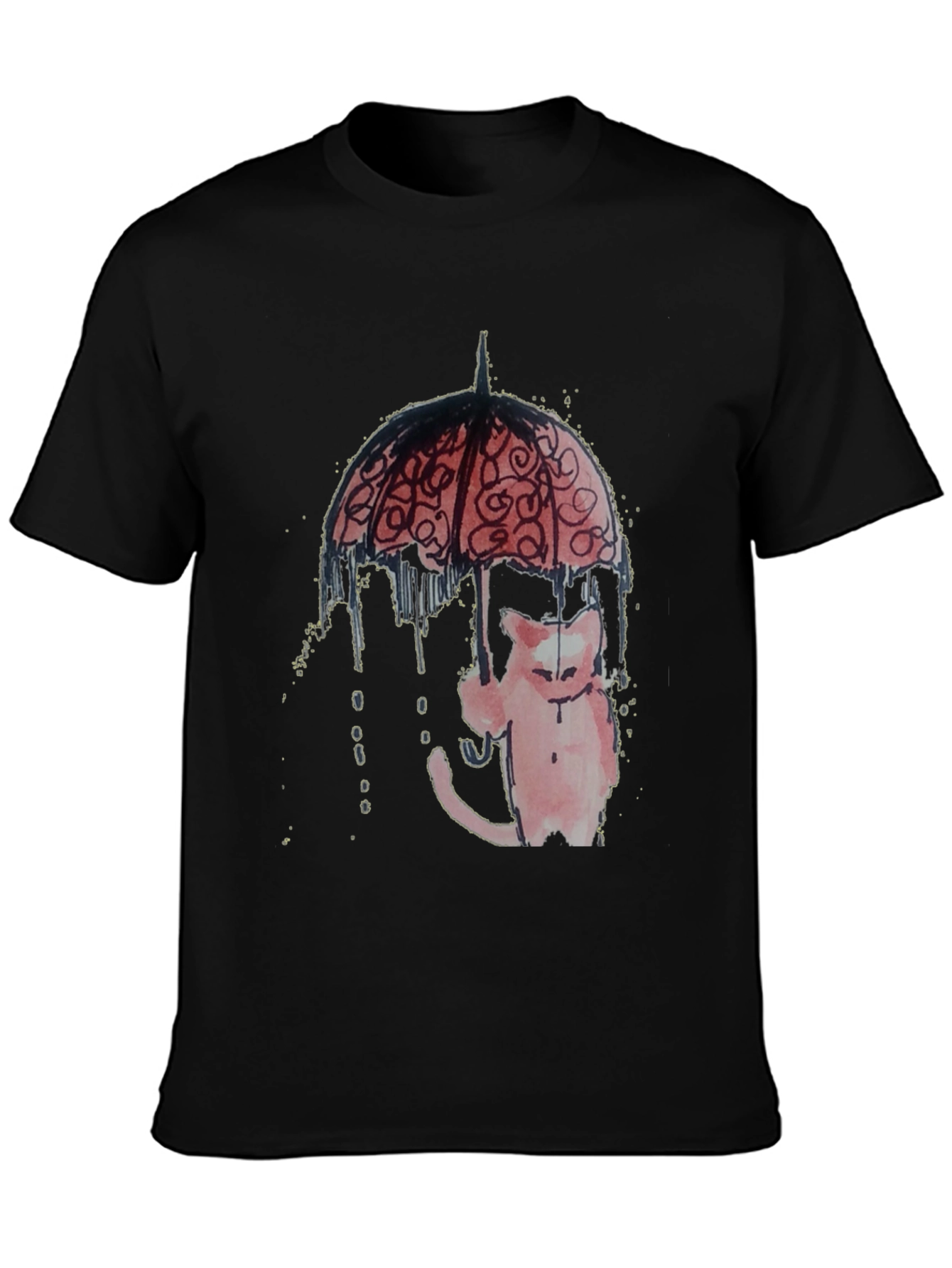 Cat Under Umbrella Graphic Tee - Black