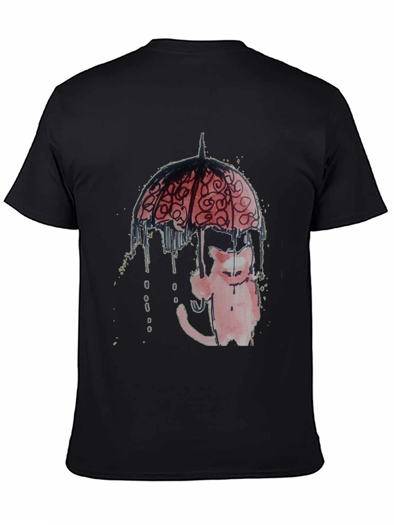 Cat Under Umbrella Graphic Tee - Black
