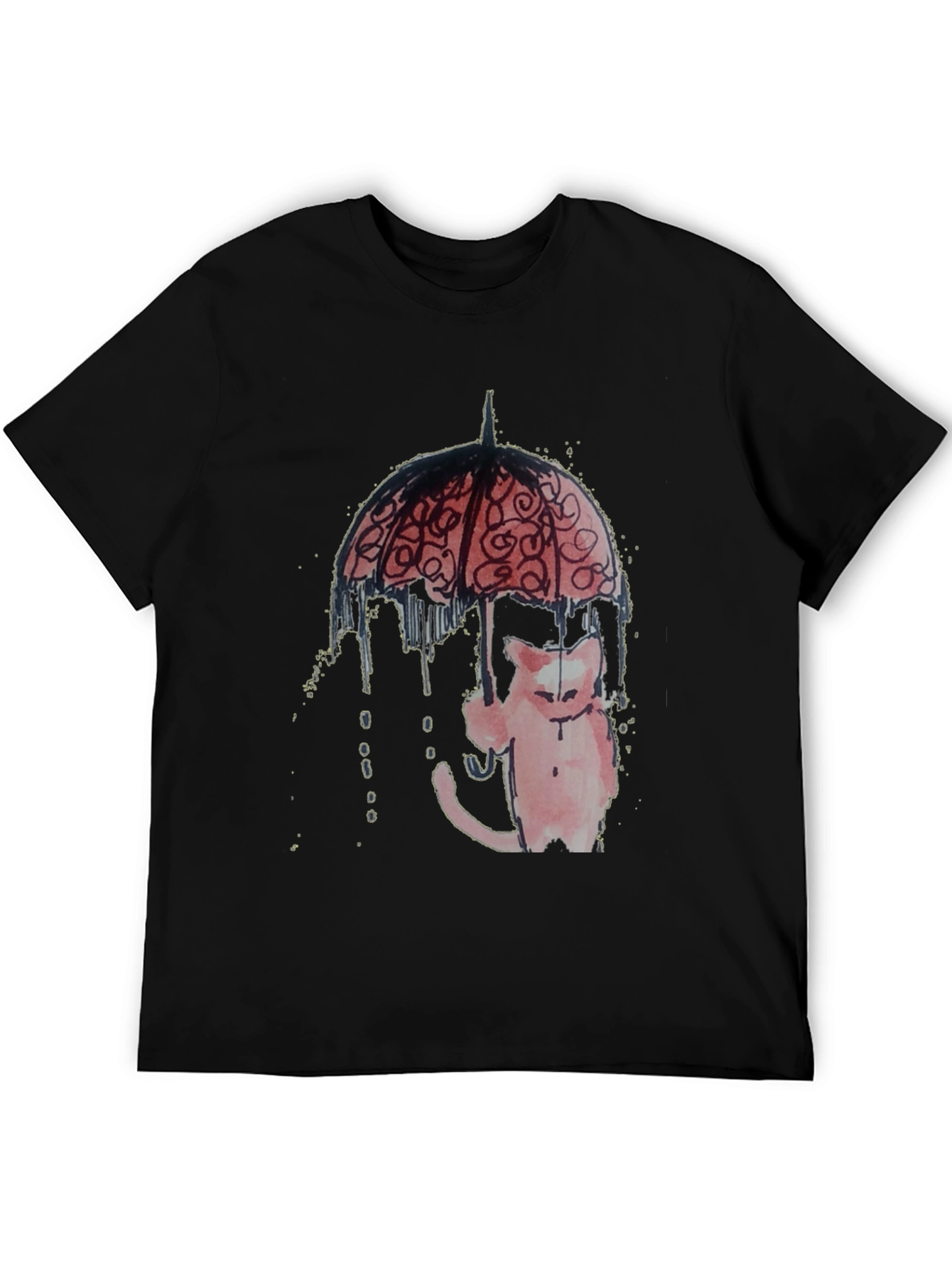 Cat Under Umbrella Graphic Tee - Black
