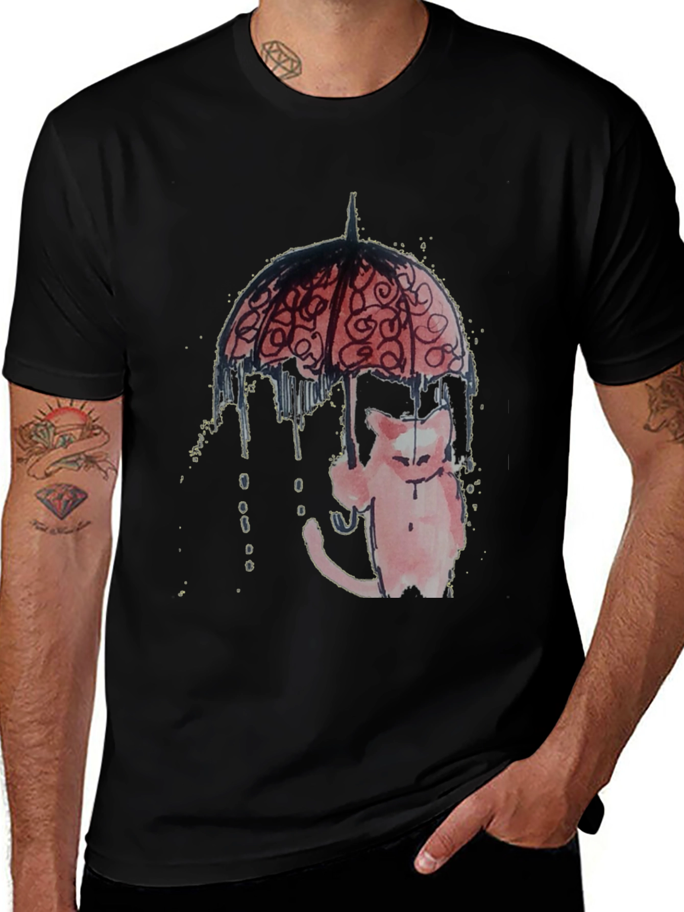 Cat Under Umbrella Graphic Tee - Black