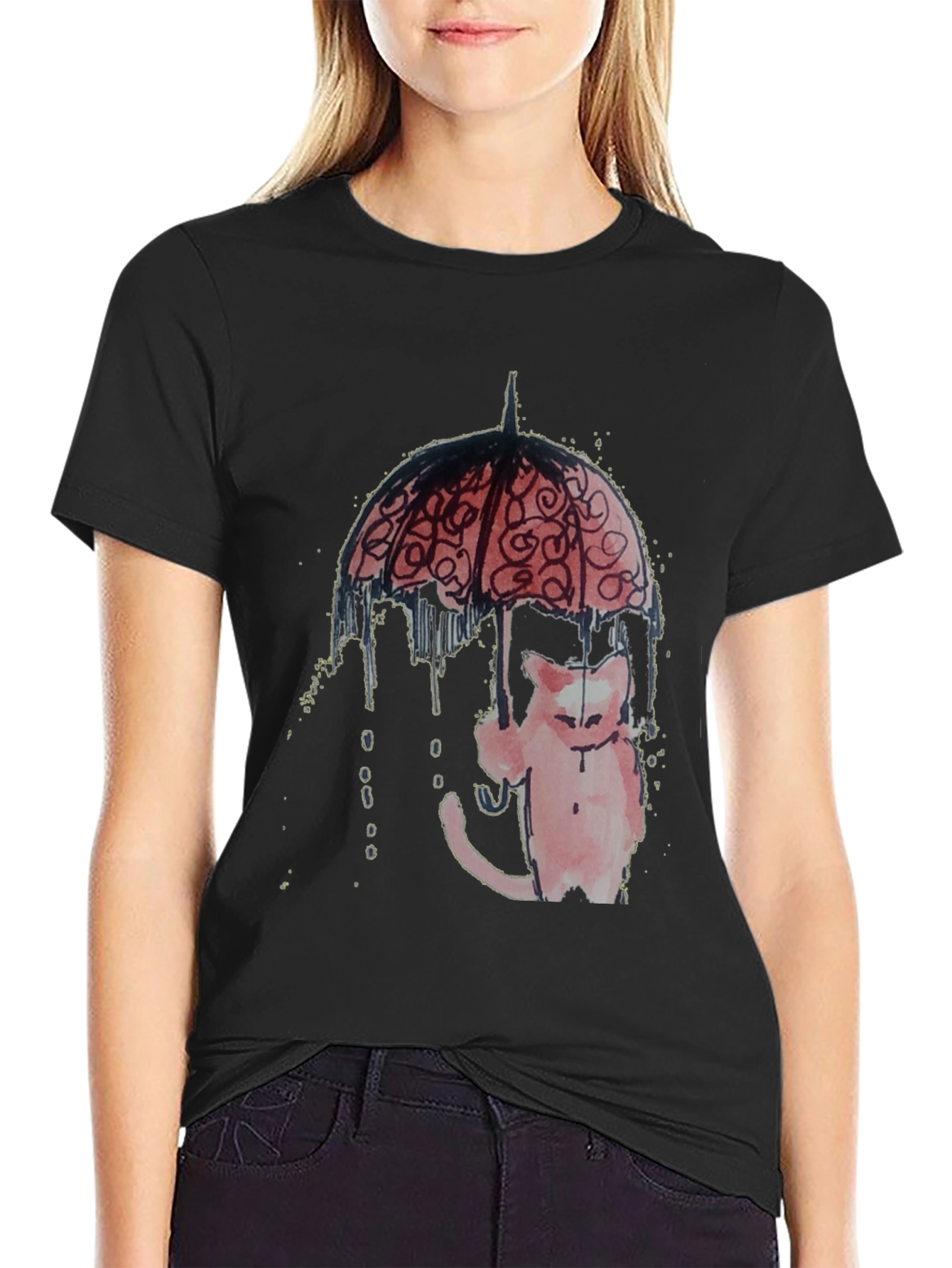 Cat Under Umbrella Graphic Tee - Black