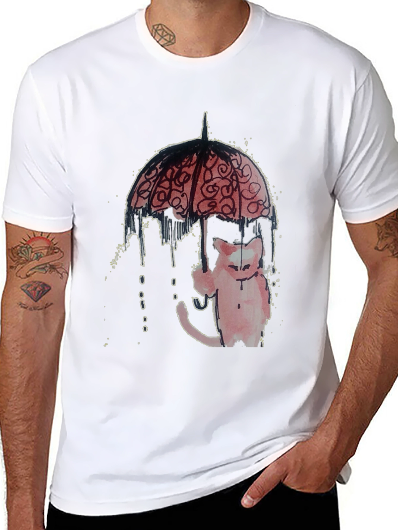 Cat Under Umbrella Graphic Tee - Black
