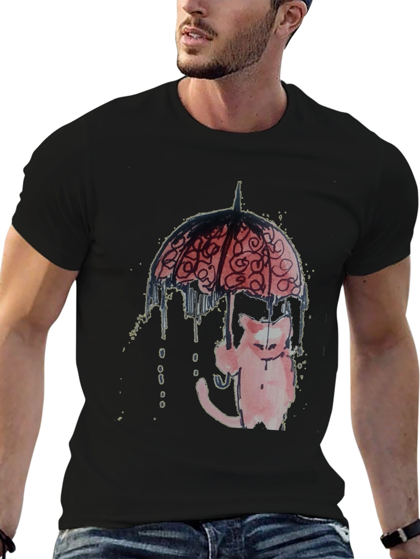 Cat Under Umbrella Graphic Tee - Black