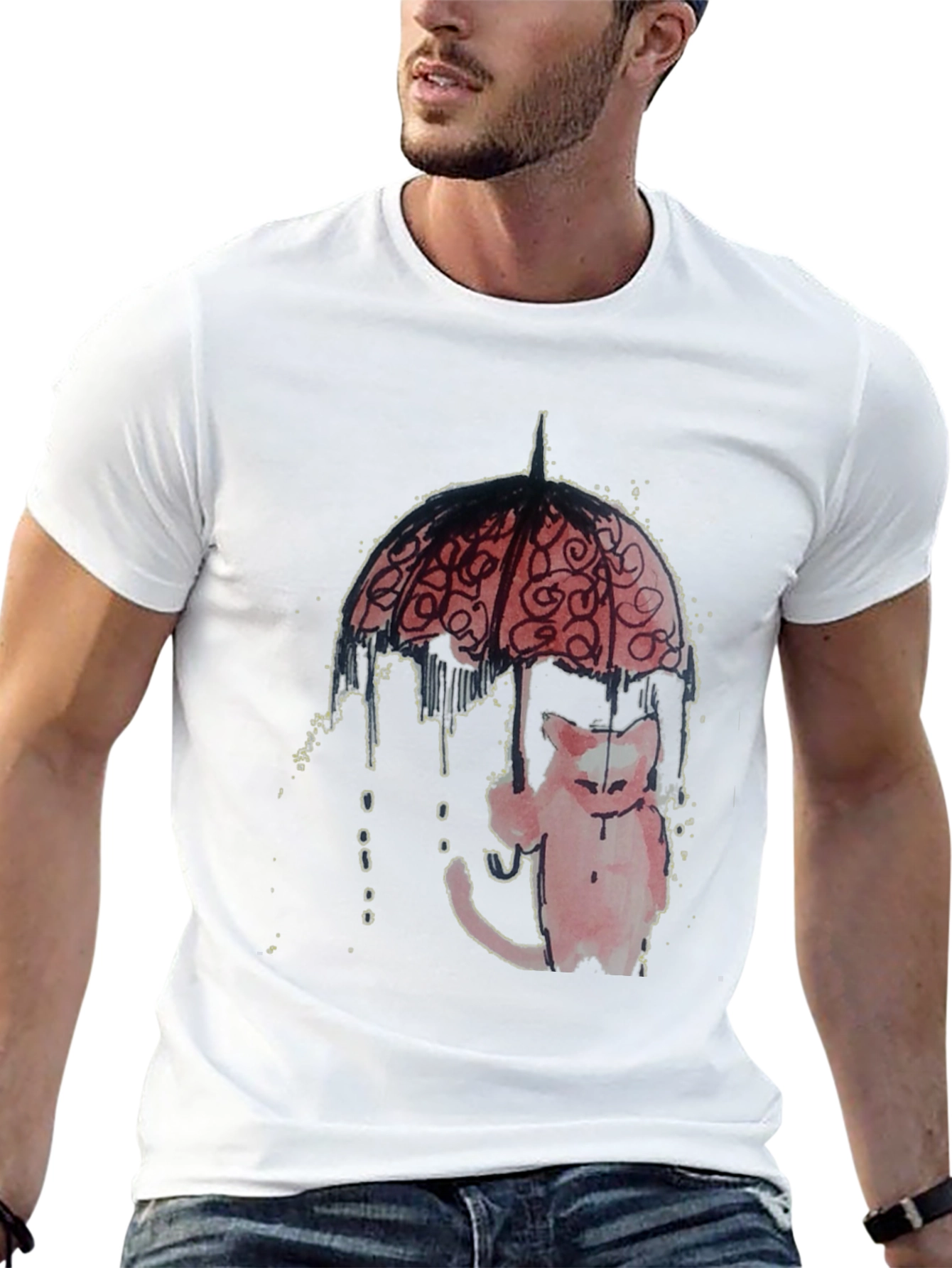 Cat Under Umbrella Graphic Tee - Black