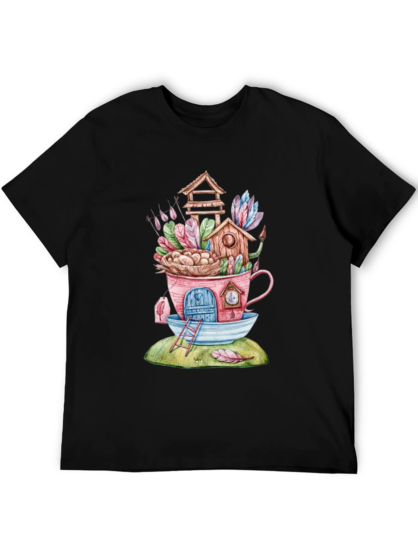 Whimsical Birdhouse Teacup Graphic T-Shirt