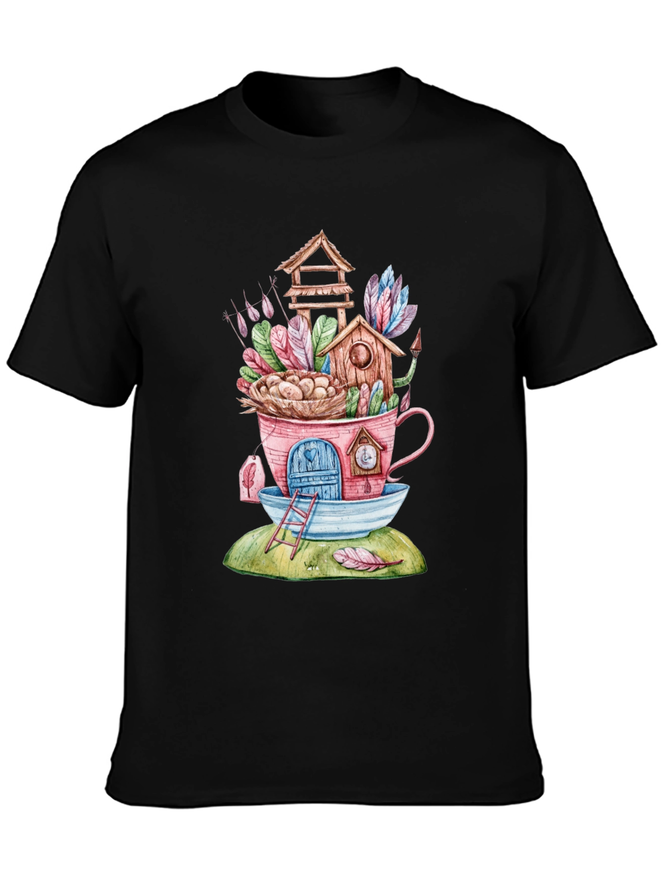 Whimsical Birdhouse Teacup Graphic T-Shirt