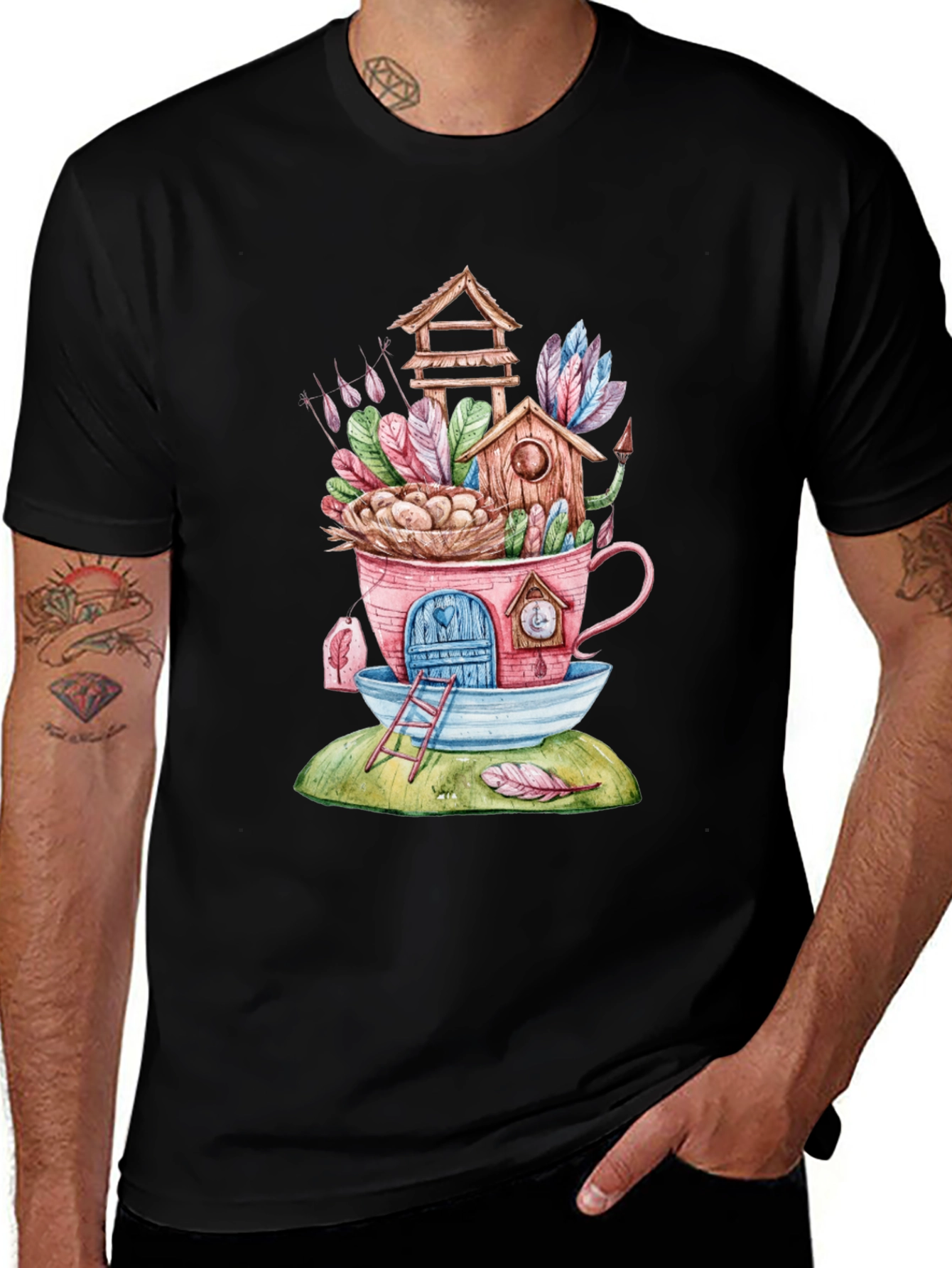Whimsical Birdhouse Teacup Graphic T-Shirt