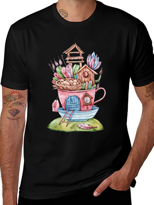 Whimsical Birdhouse Teacup Graphic T-Shirt