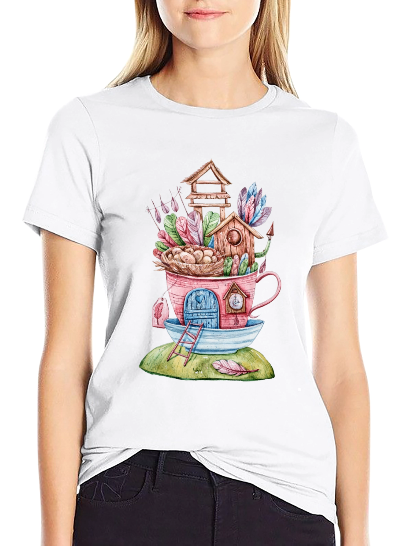 Whimsical Birdhouse Teacup Graphic T-Shirt