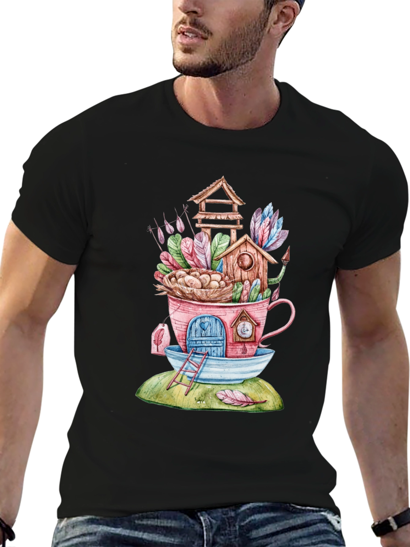 Whimsical Birdhouse Teacup Graphic T-Shirt