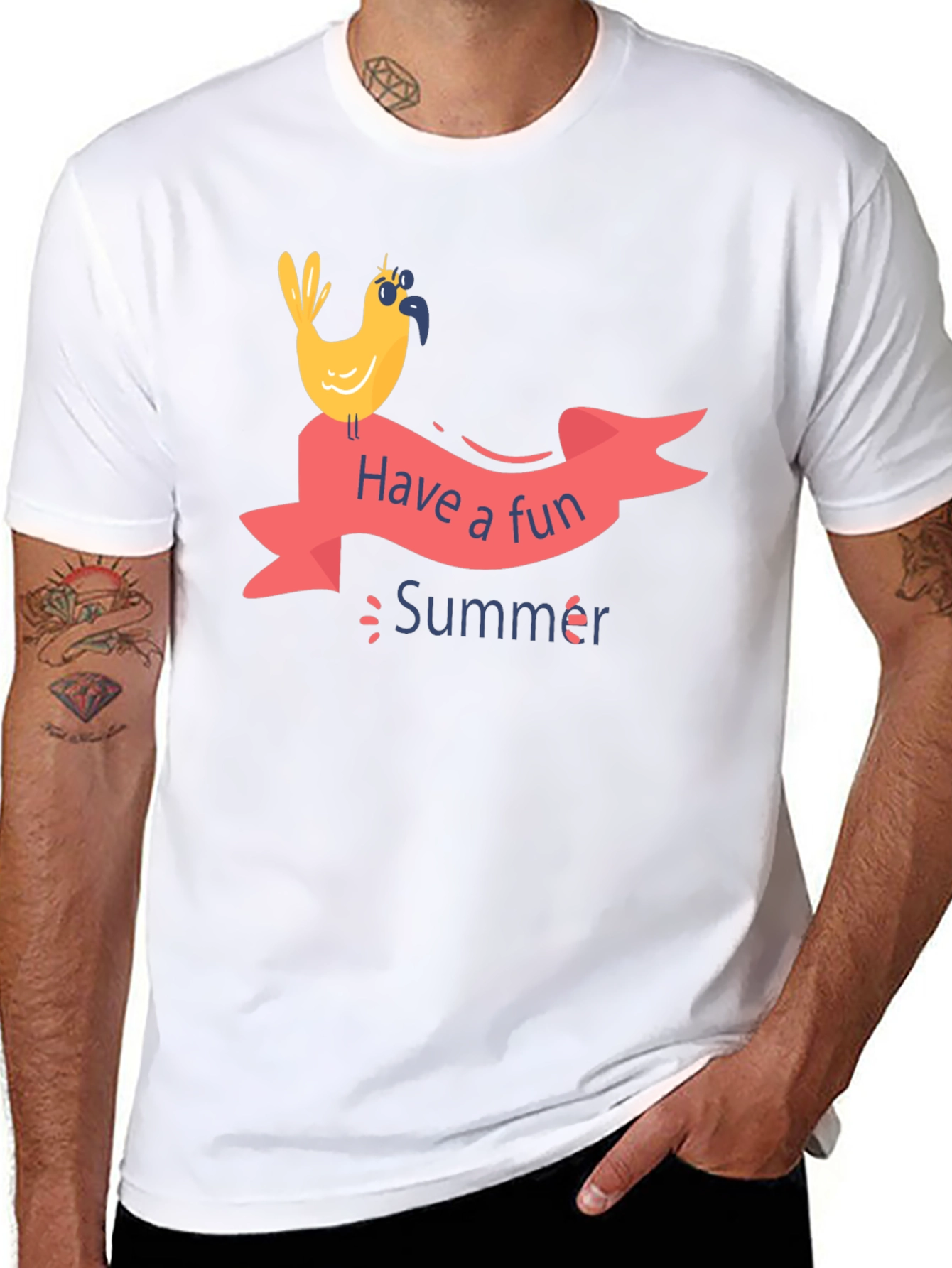 Fun Summer Bird Graphic T-Shirt - Black