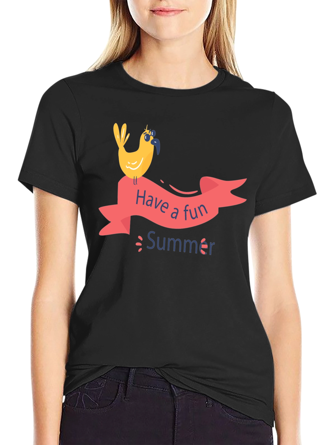 Fun Summer Bird Graphic T-Shirt - Black