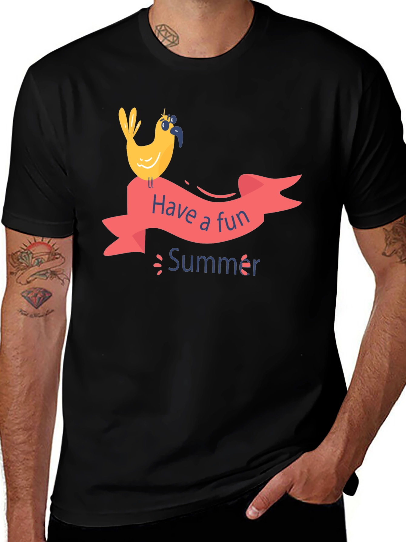 Fun Summer Bird Graphic T-Shirt - Black