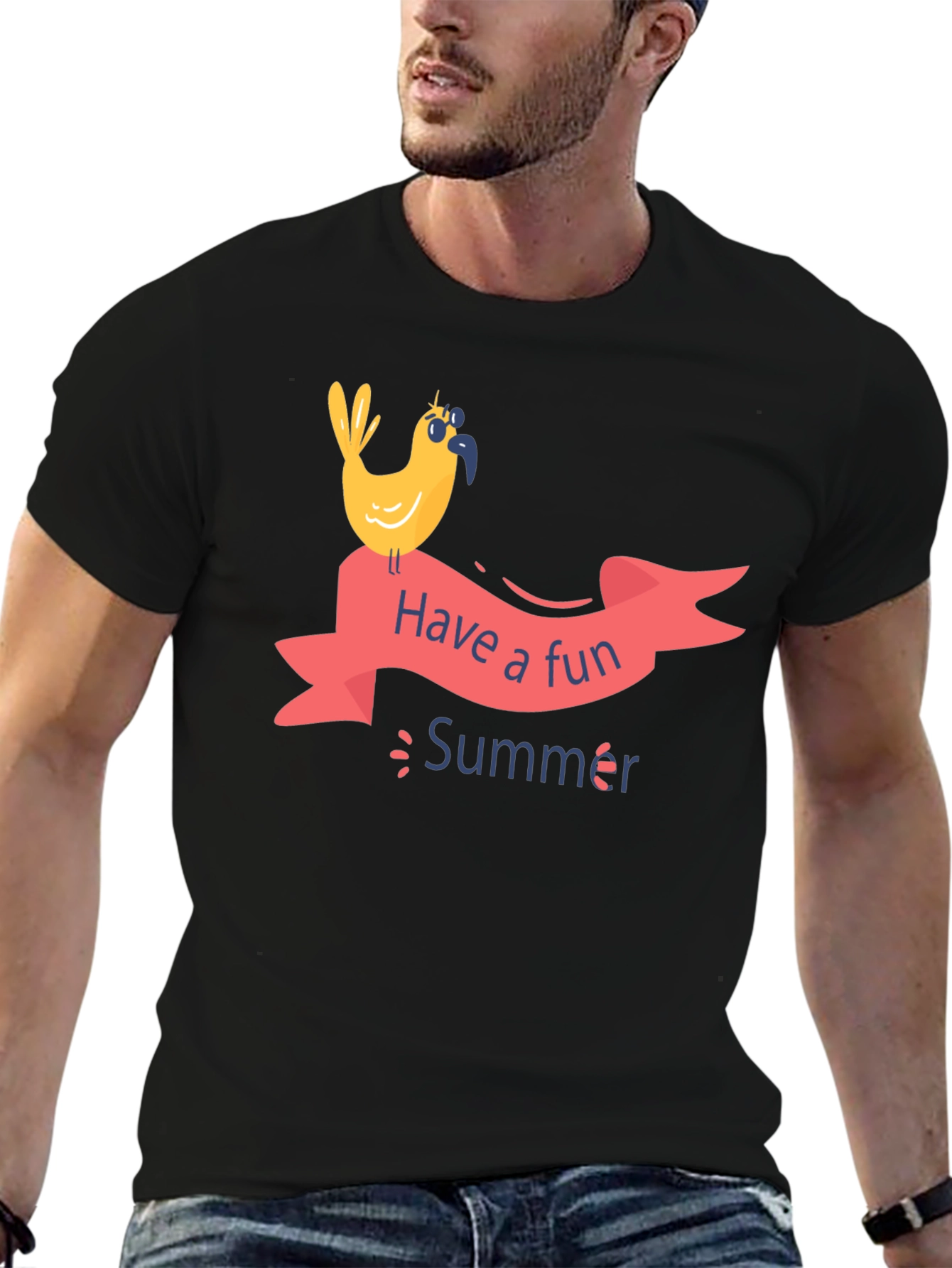 Fun Summer Bird Graphic T-Shirt - Black