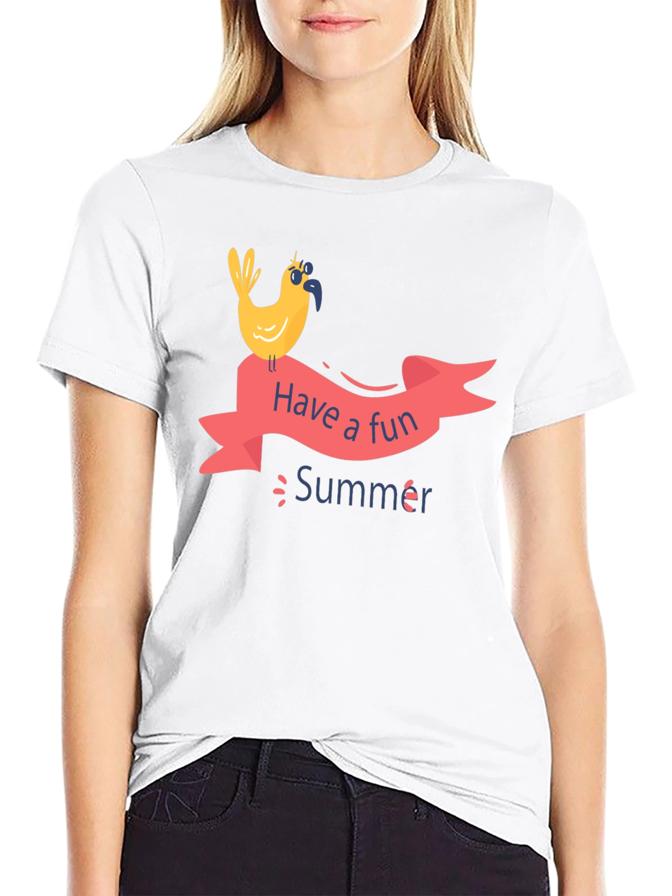 Fun Summer Bird Graphic T-Shirt - Black